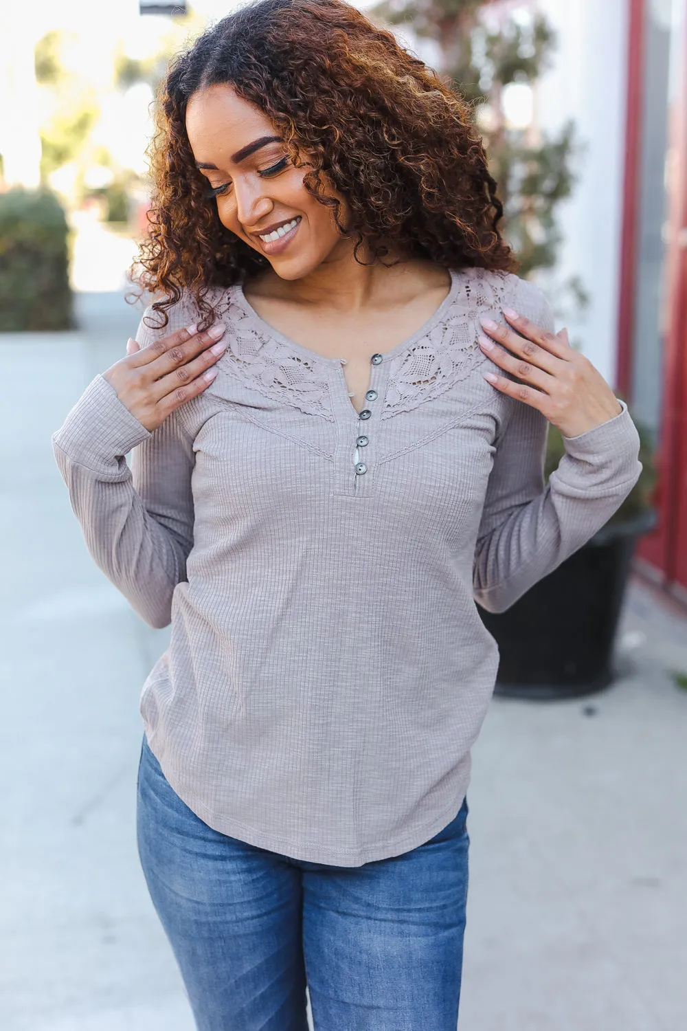 Femme Taupe Cotton Blend Rib Crochet Button Down Pullover sold by Charming Charlie product image thumbnail 5