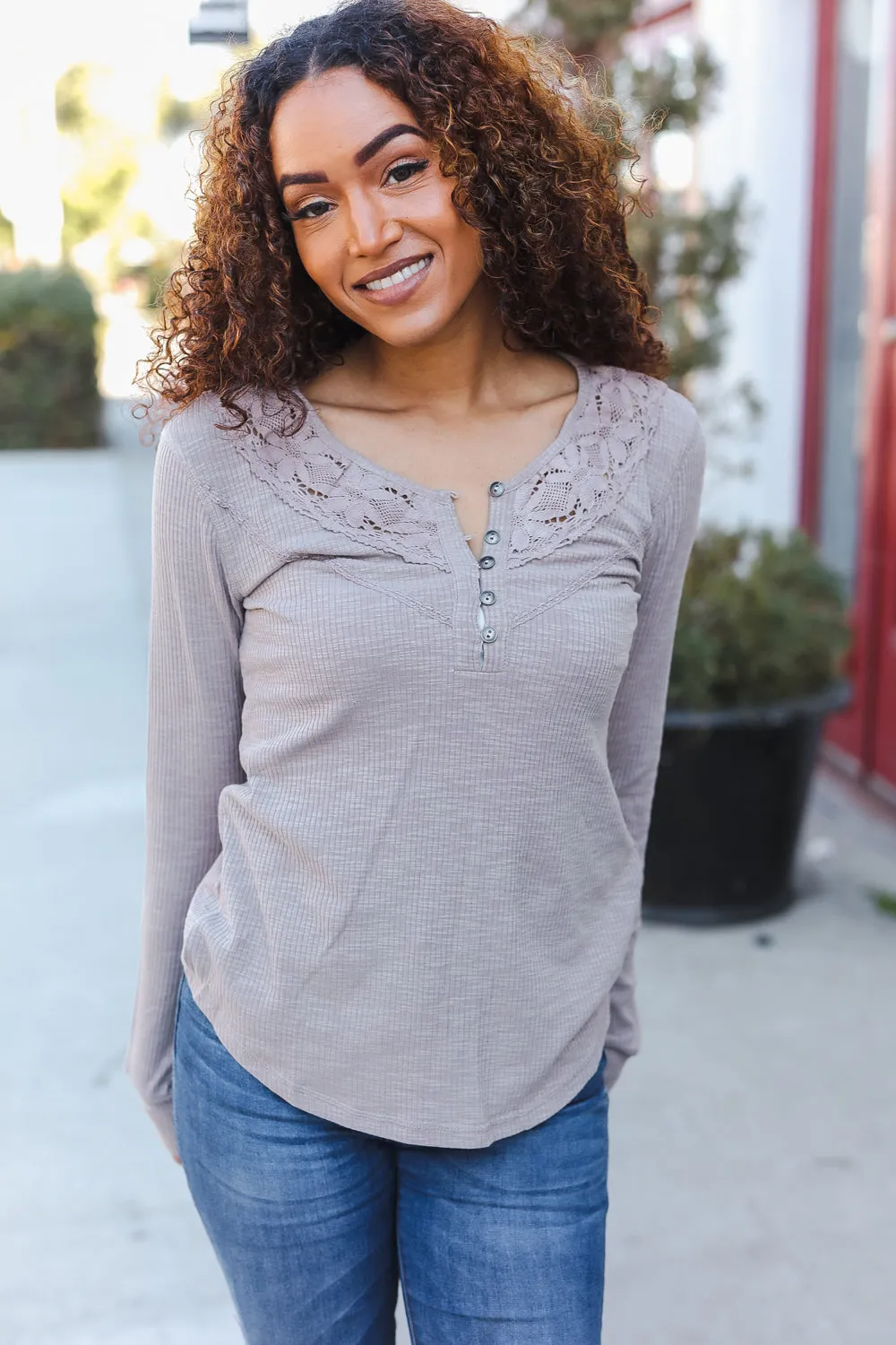 Femme Taupe Cotton Blend Rib Crochet Button Down Pullover sold by Charming Charlie product image thumbnail 3