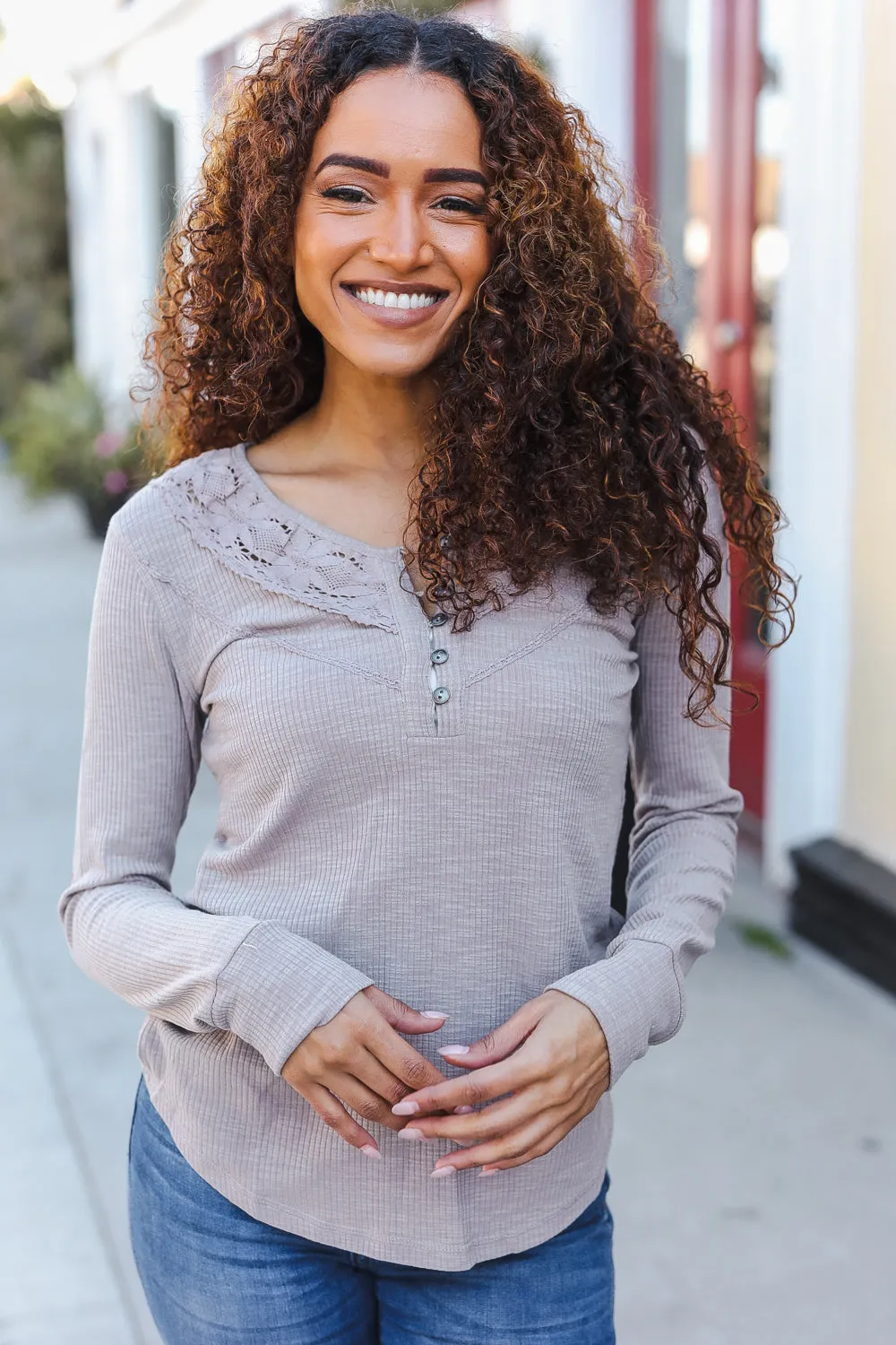 Femme Taupe Cotton Blend Rib Crochet Button Down Pullover sold by Charming Charlie product image thumbnail 2