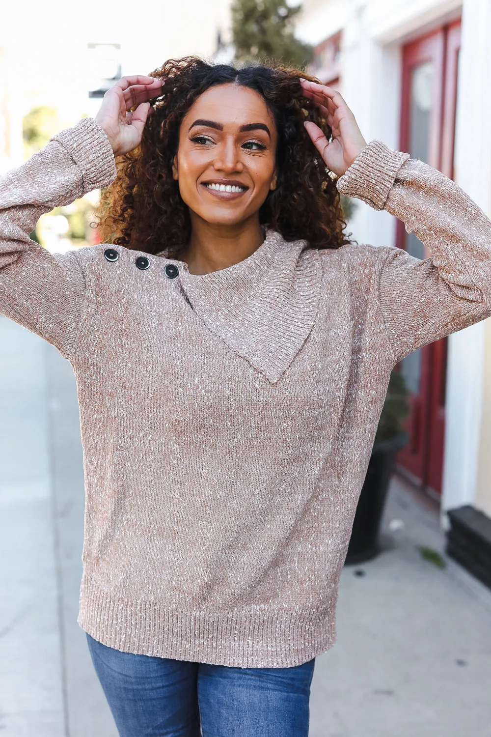You Got This Marbled Taupe Rib Button Collared Sweater Pullover sold by Charming Charlie product image thumbnail 3