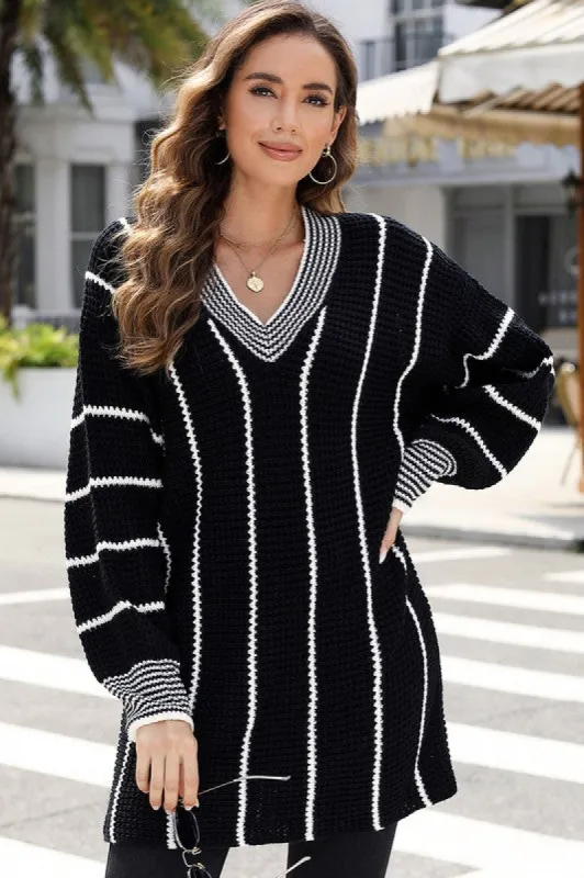 Women Striped V Neck Knitted Loose Sweater sold by Charming Charlie