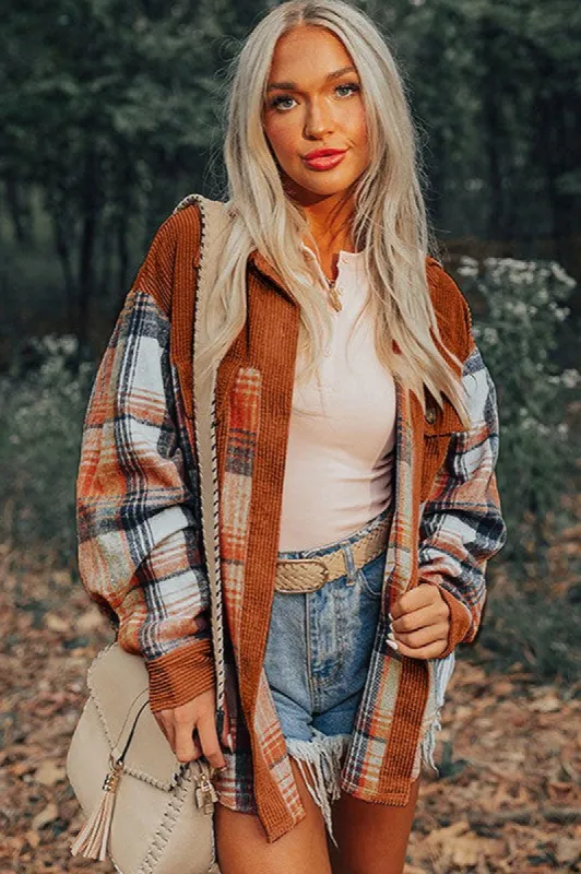 Plaid Corduroy Patchwork Chest Pocket Shacket sold by Charming Charlie