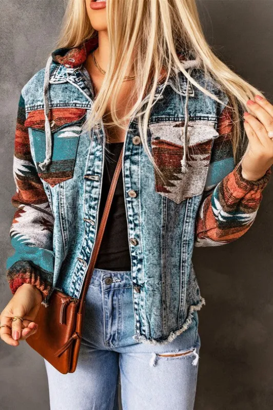Geometric Print Frayed Hem Denim Jacket sold by Charming Charlie