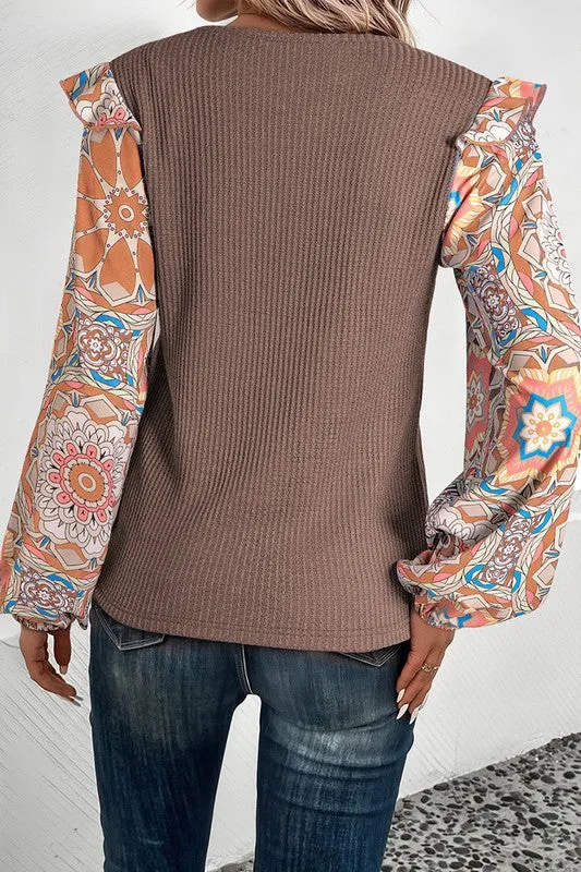 Floral Sleeve Patchwork Waffle Knit O Neck Blouse sold by Charming Charlie product image thumbnail 5