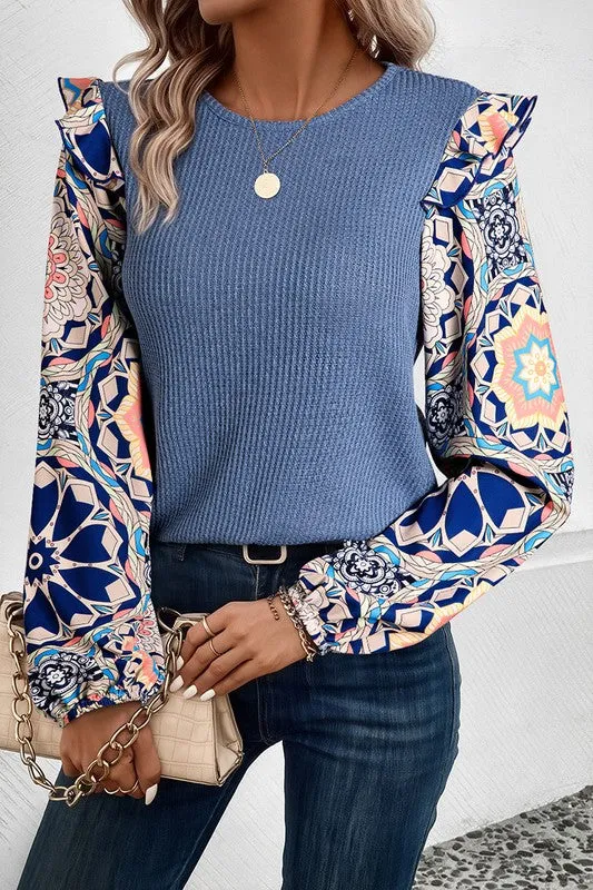 Floral Sleeve Patchwork Waffle Knit O Neck Blouse sold by Charming Charlie product image thumbnail 2