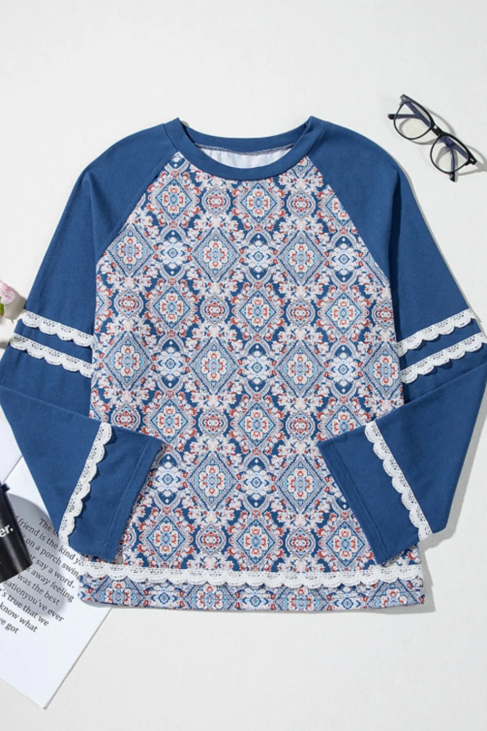 Lace Detail Geometric Round Neck Long Sleeve Top sold by Charming Charlie product image thumbnail 4