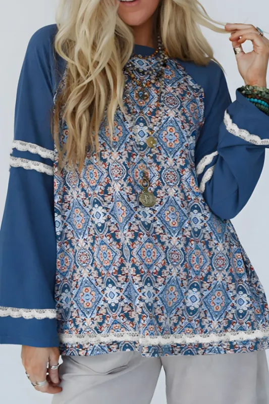 Lace Detail Geometric Round Neck Long Sleeve Top sold by Charming Charlie