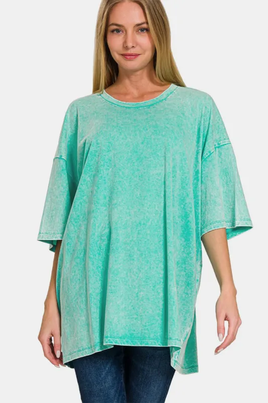 Zenana Full Size Washed Round Neck Drop Shoulder Oversized T-Shirt sold by Charming Charlie