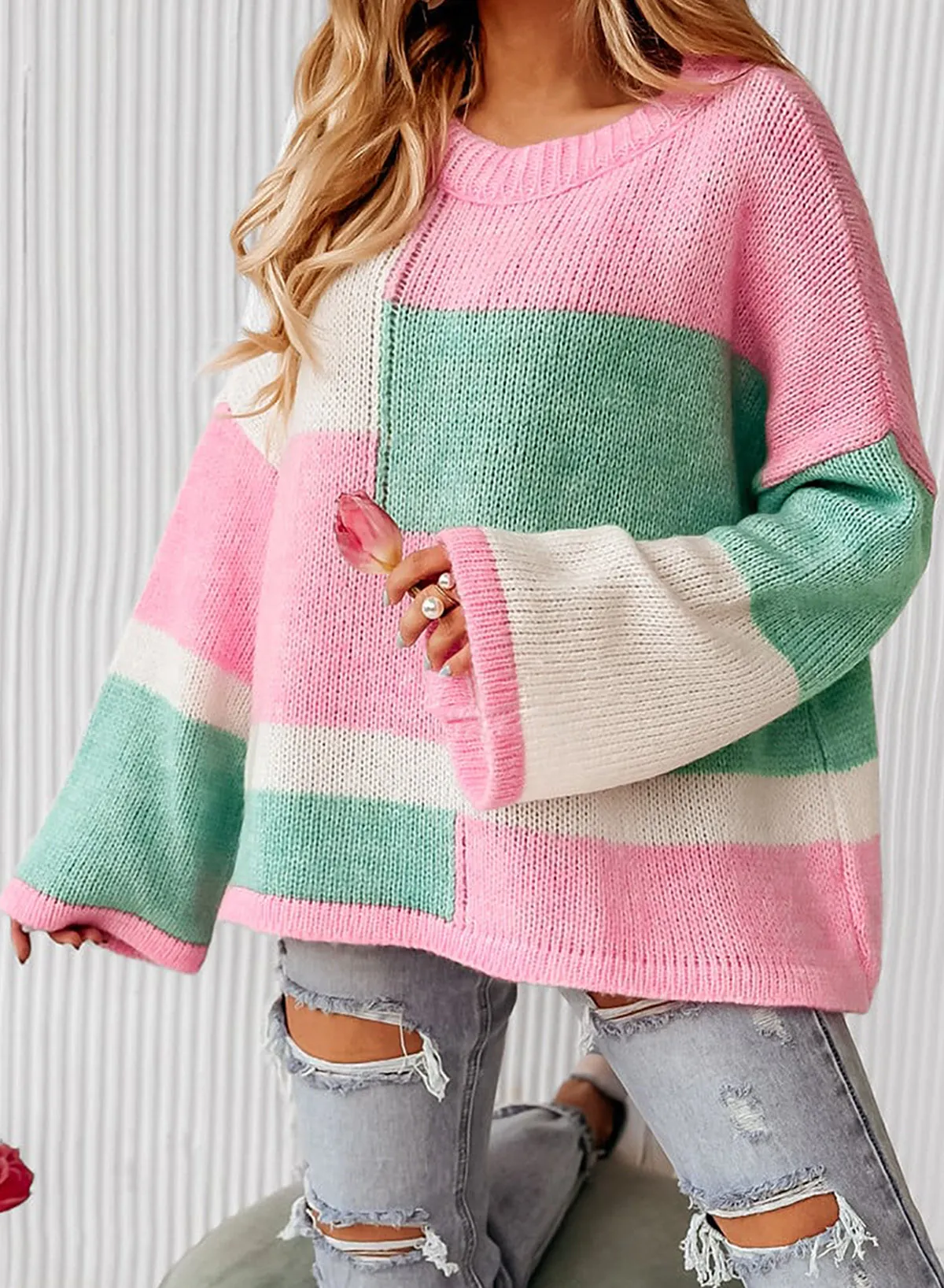 Color Block Round Neck Drop Shoulder Sweater sold by Charming Charlie
