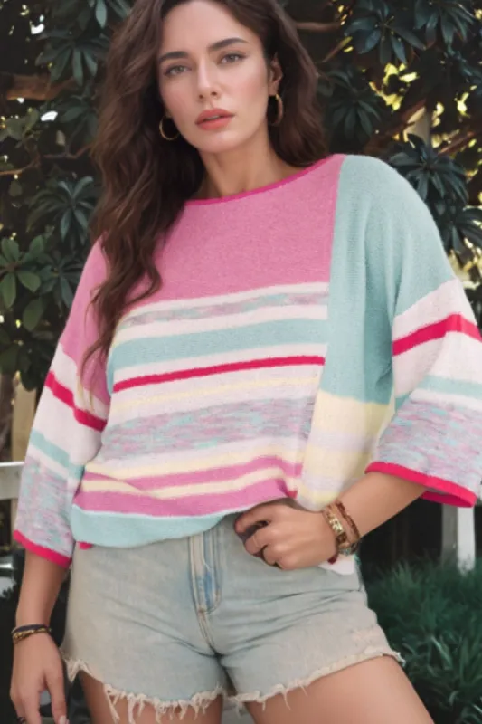 Contrast Round Neck Three-Quarter Sleeve Knit Top sold by Charming Charlie