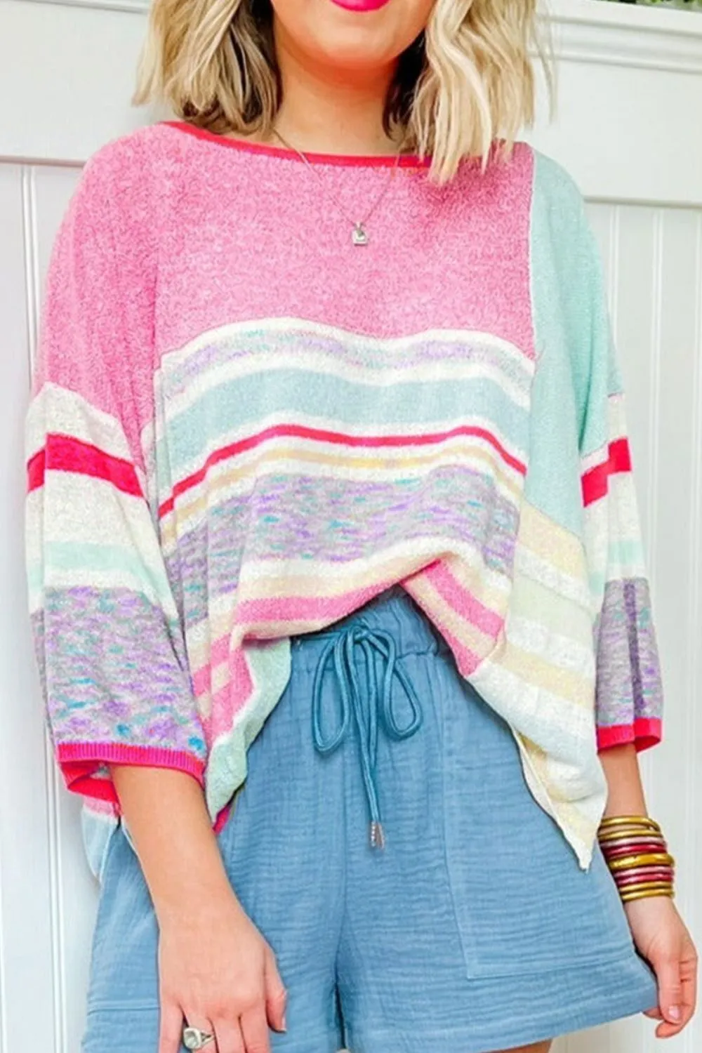 Contrast Round Neck Three-Quarter Sleeve Knit Top sold by Charming Charlie product image thumbnail 5