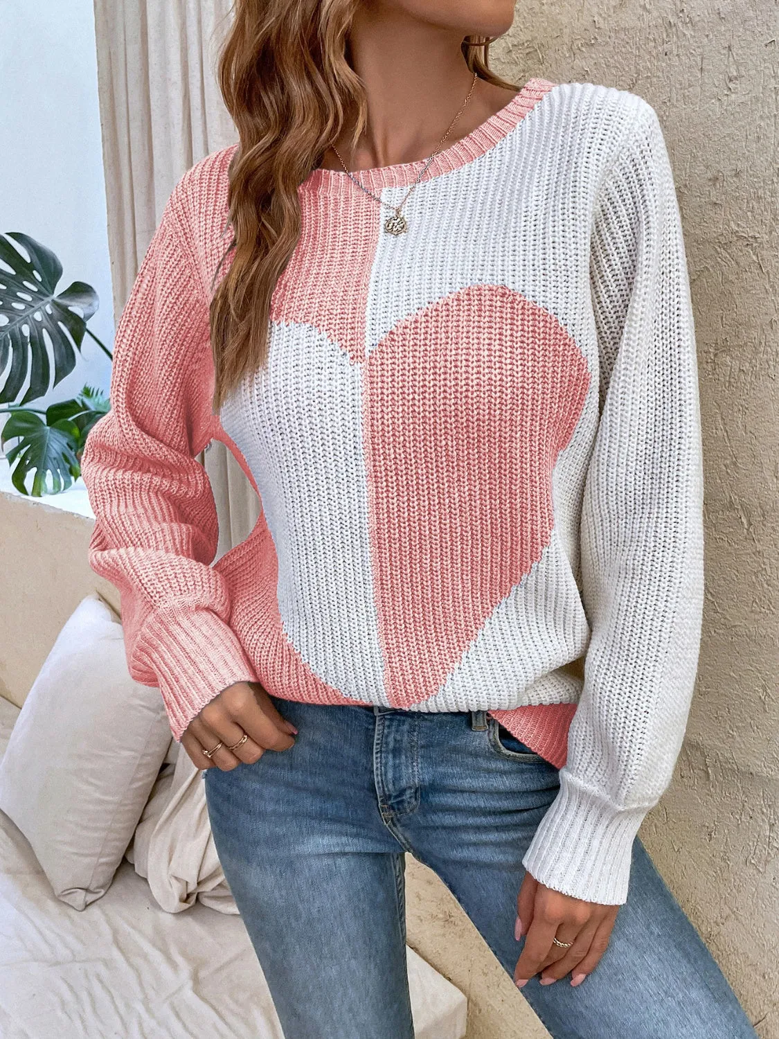 Contrast Heart Round Neck Long Sleeve Sweater sold by Charming Charlie
