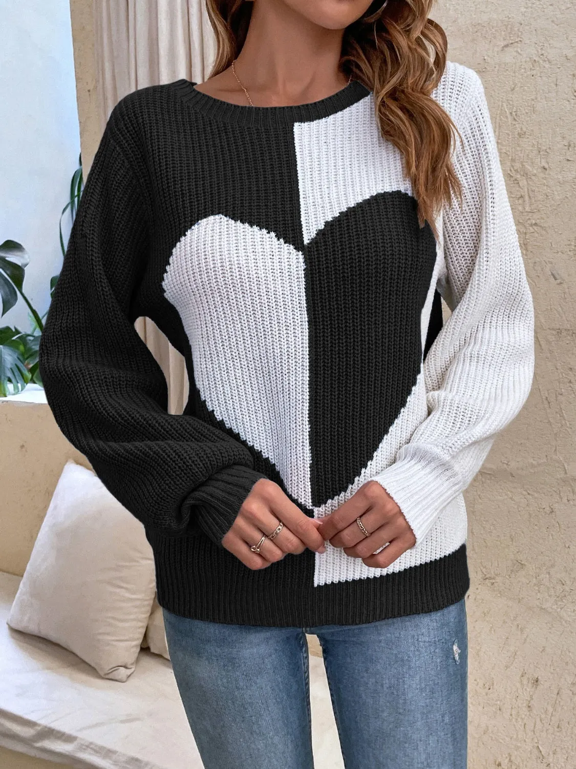 Contrast Heart Round Neck Long Sleeve Sweater sold by Charming Charlie product image thumbnail 5