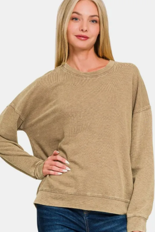 Zenana Washed Round Neck Dropped Shoulder Sweatshirt sold by Charming Charlie