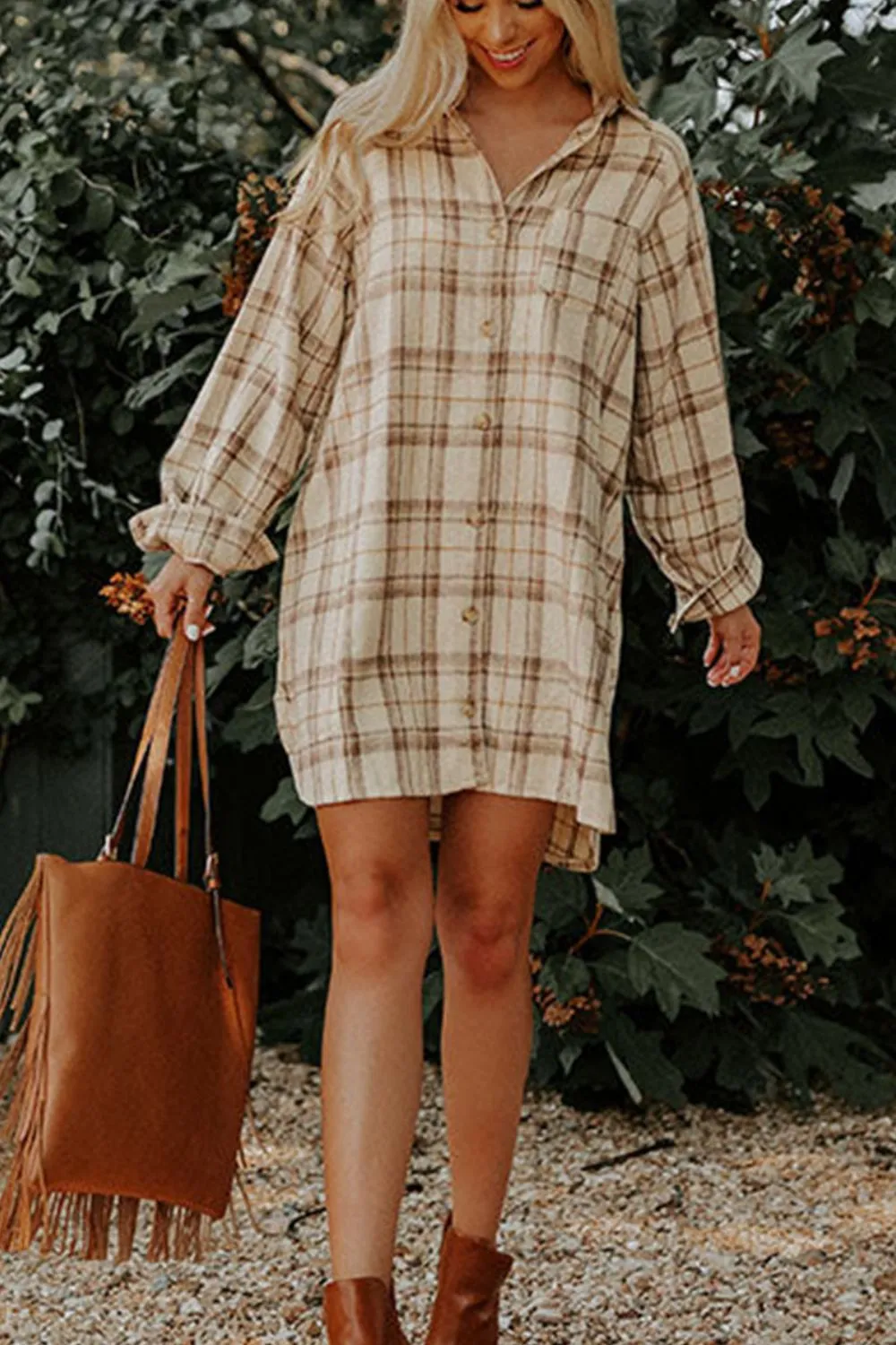 Plaid Collared Neck Long Sleeve Mini Shirt Dress sold by Charming Charlie product image thumbnail 5