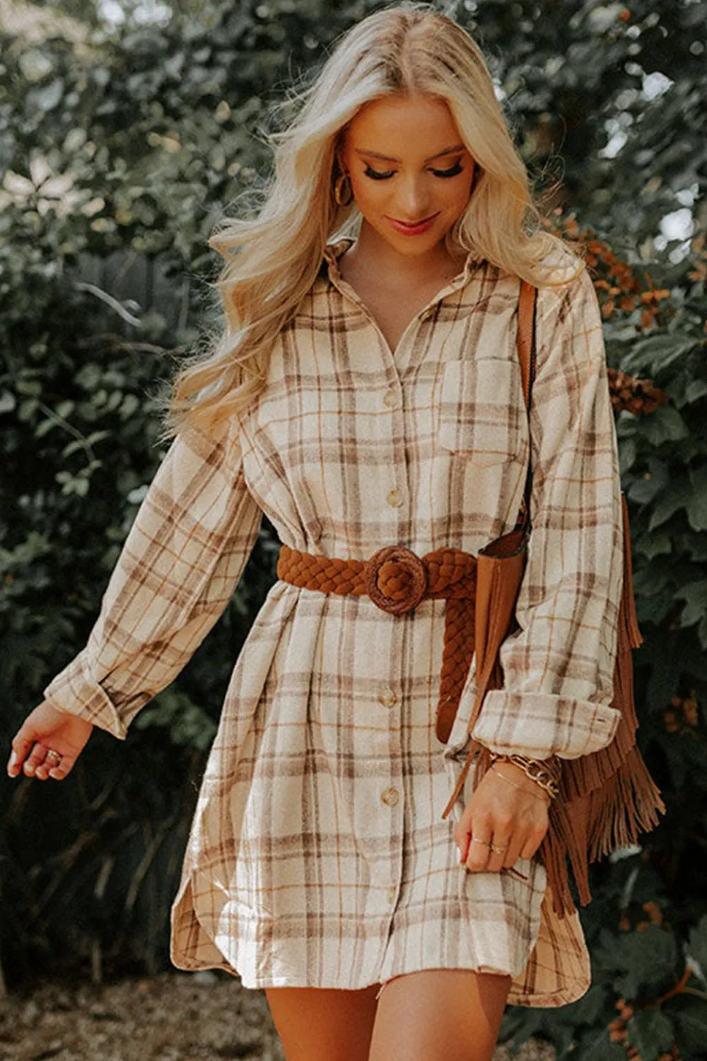 Plaid Collared Neck Long Sleeve Mini Shirt Dress sold by Charming Charlie product image thumbnail 2