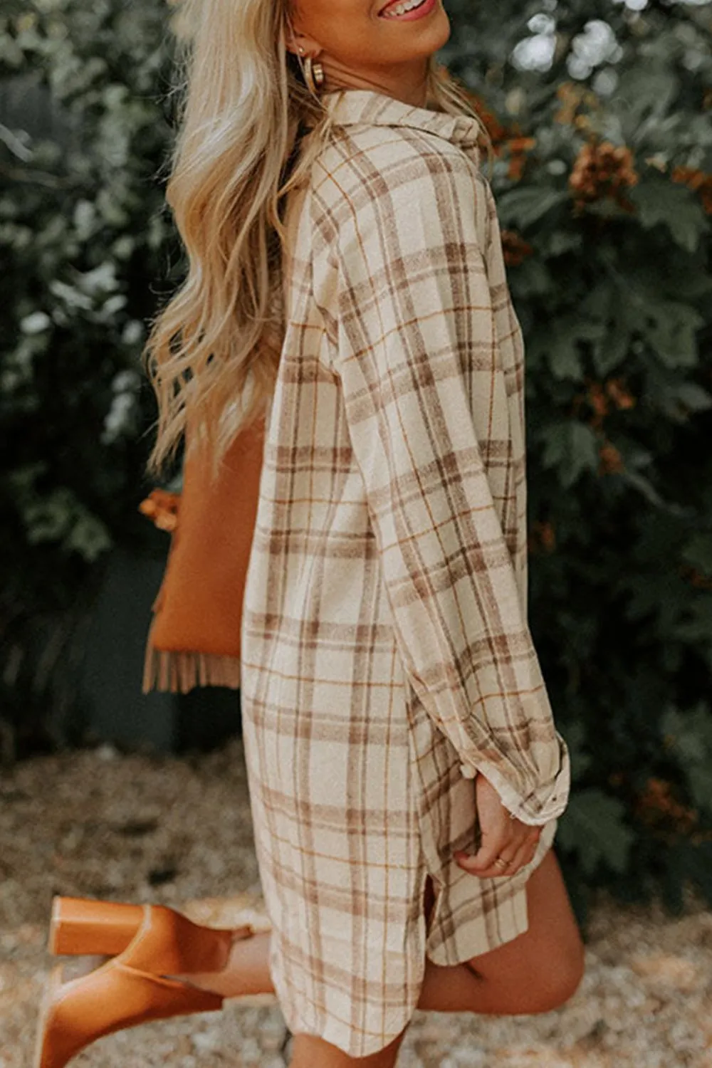 Plaid Collared Neck Long Sleeve Mini Shirt Dress sold by Charming Charlie product image thumbnail 3