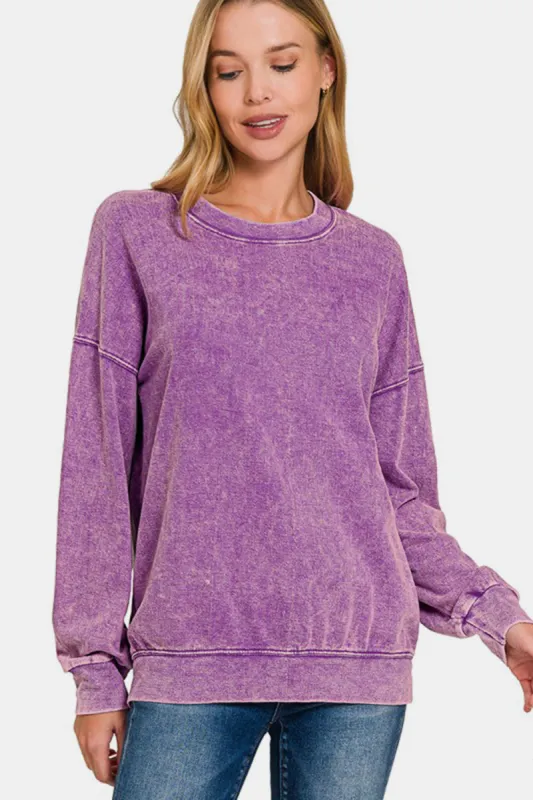 Zenana Washed Round Neck Dropped Shoulder Sweatshirt sold by Charming Charlie