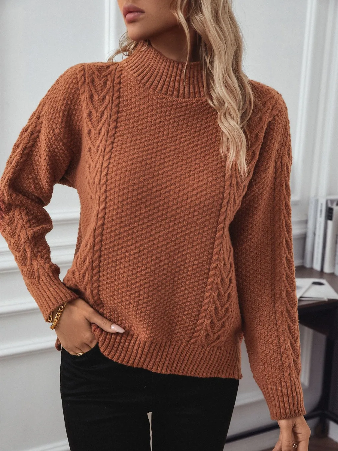Cable-Knit Mock Neck Long Sleeve Sweater sold by Charming Charlie product image thumbnail 2