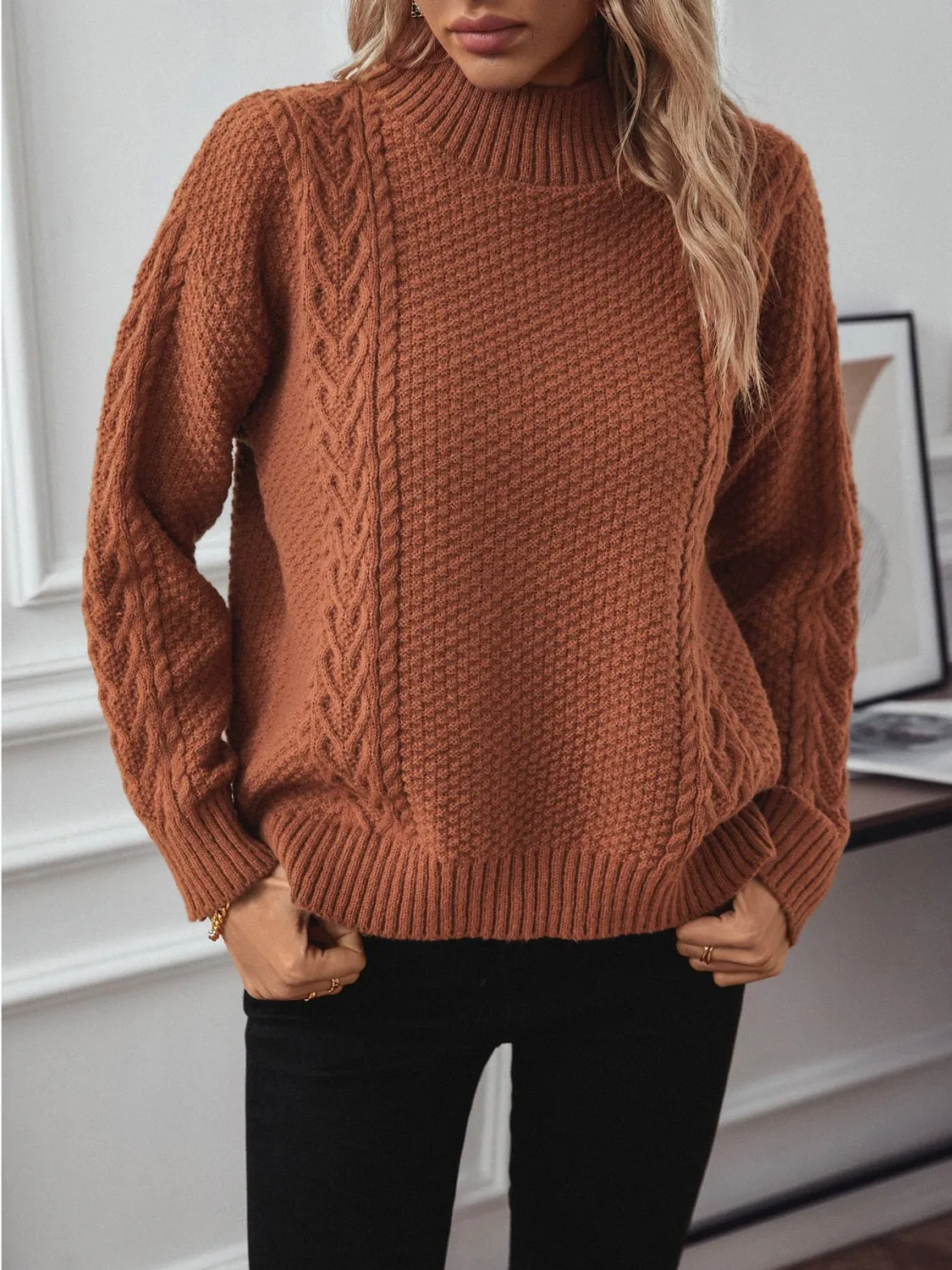 Cable-Knit Mock Neck Long Sleeve Sweater sold by Charming Charlie