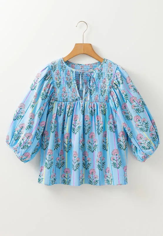 Smocked Floral Print Tie Neck Blouse sold by Charming Charlie product image thumbnail 5