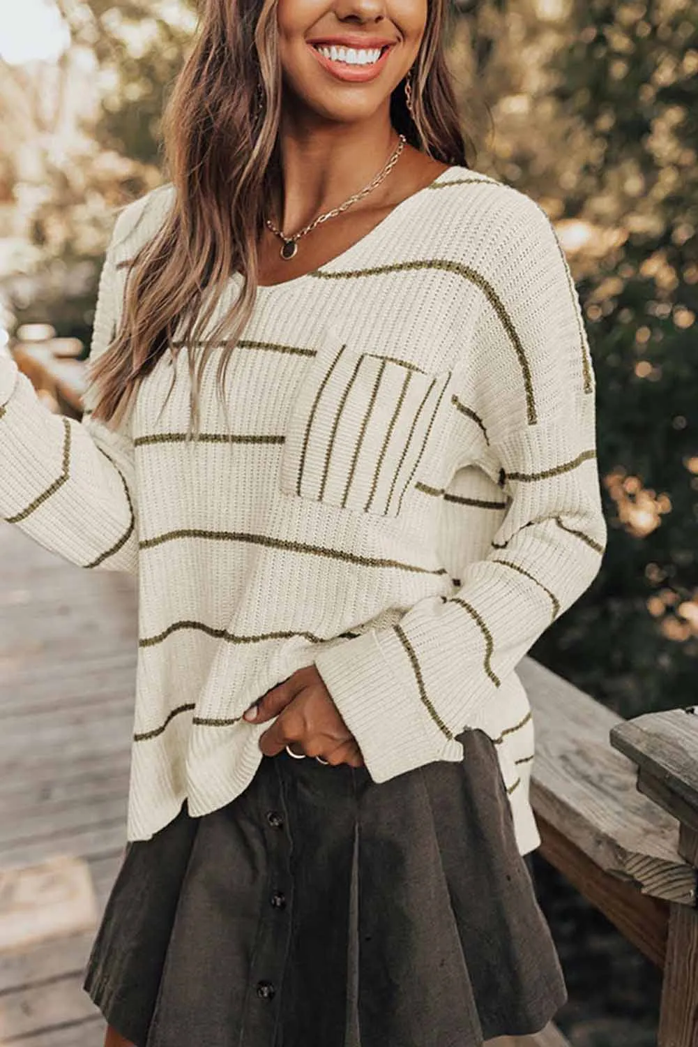 Striped V-Neck Drop Shoulder Sweater sold by Charming Charlie product image thumbnail 2