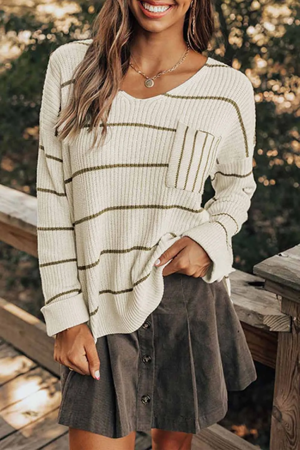 Striped V-Neck Drop Shoulder Sweater sold by Charming Charlie