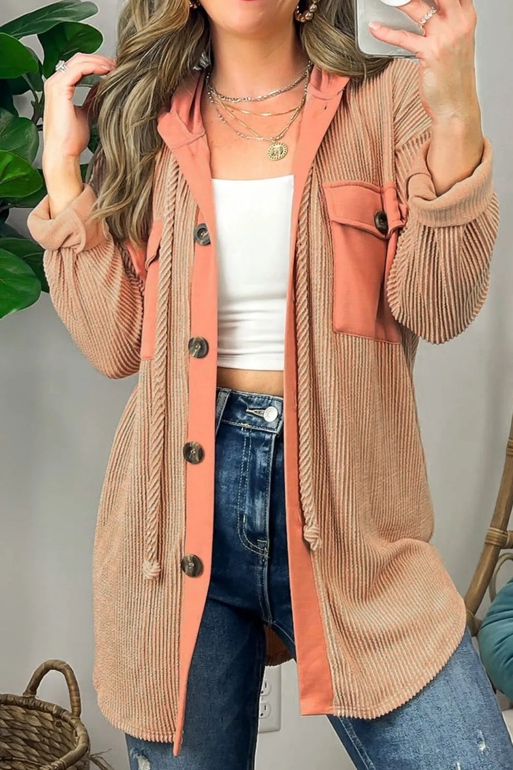 Drawstring Button Up Hooded Ribbed Shacket with Flap Pockets sold by Charming Charlie product image thumbnail 2