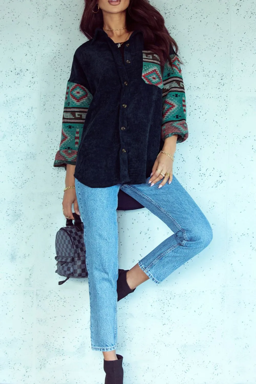 Pocketed Geometric Collared Neck Shacket sold by Charming Charlie product image thumbnail 4