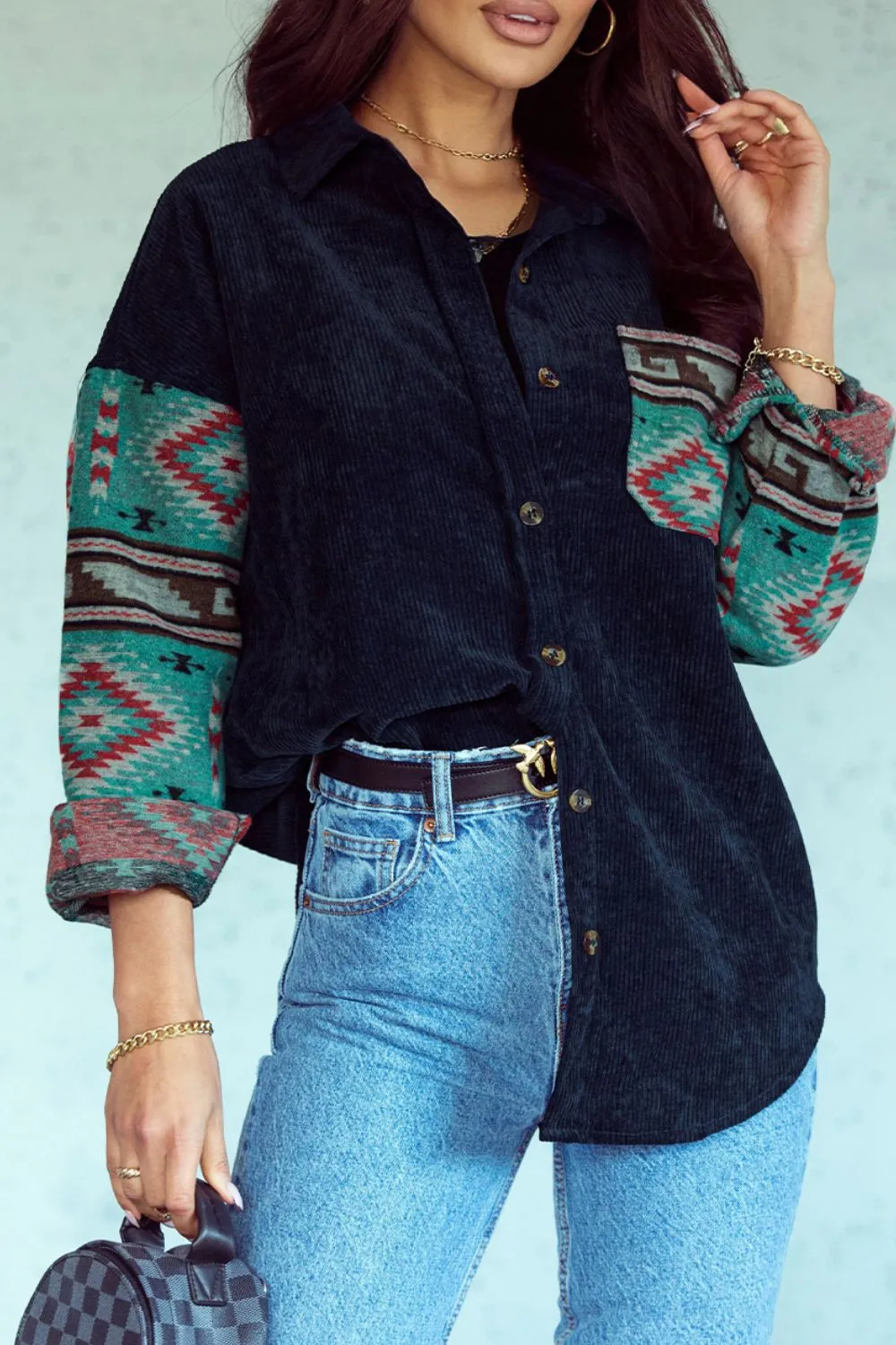 Pocketed Geometric Collared Neck Shacket sold by Charming Charlie