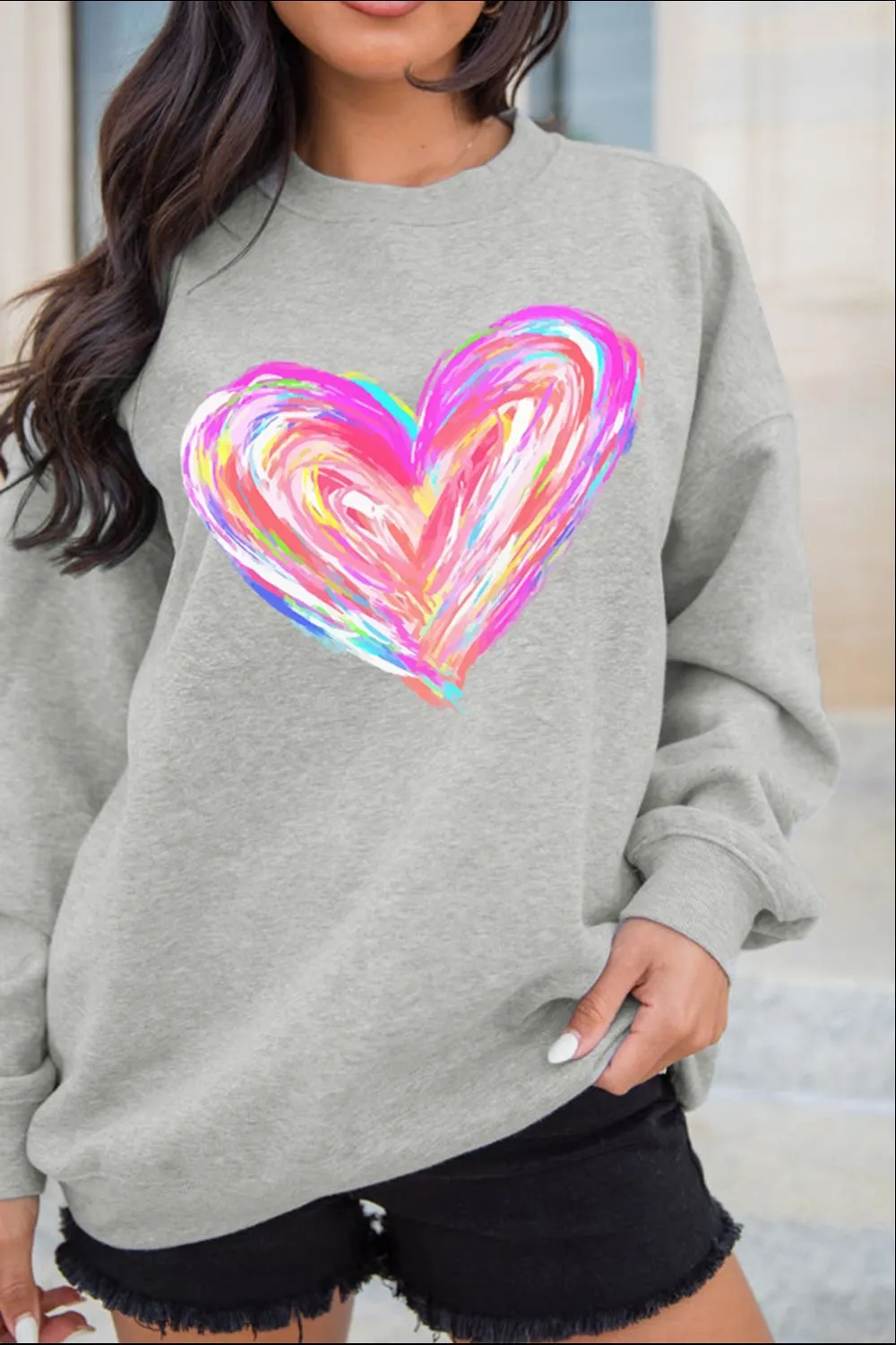 Valentine’s Day Heart Round Neck Drop Shoulder Sweatshirt sold by Charming Charlie