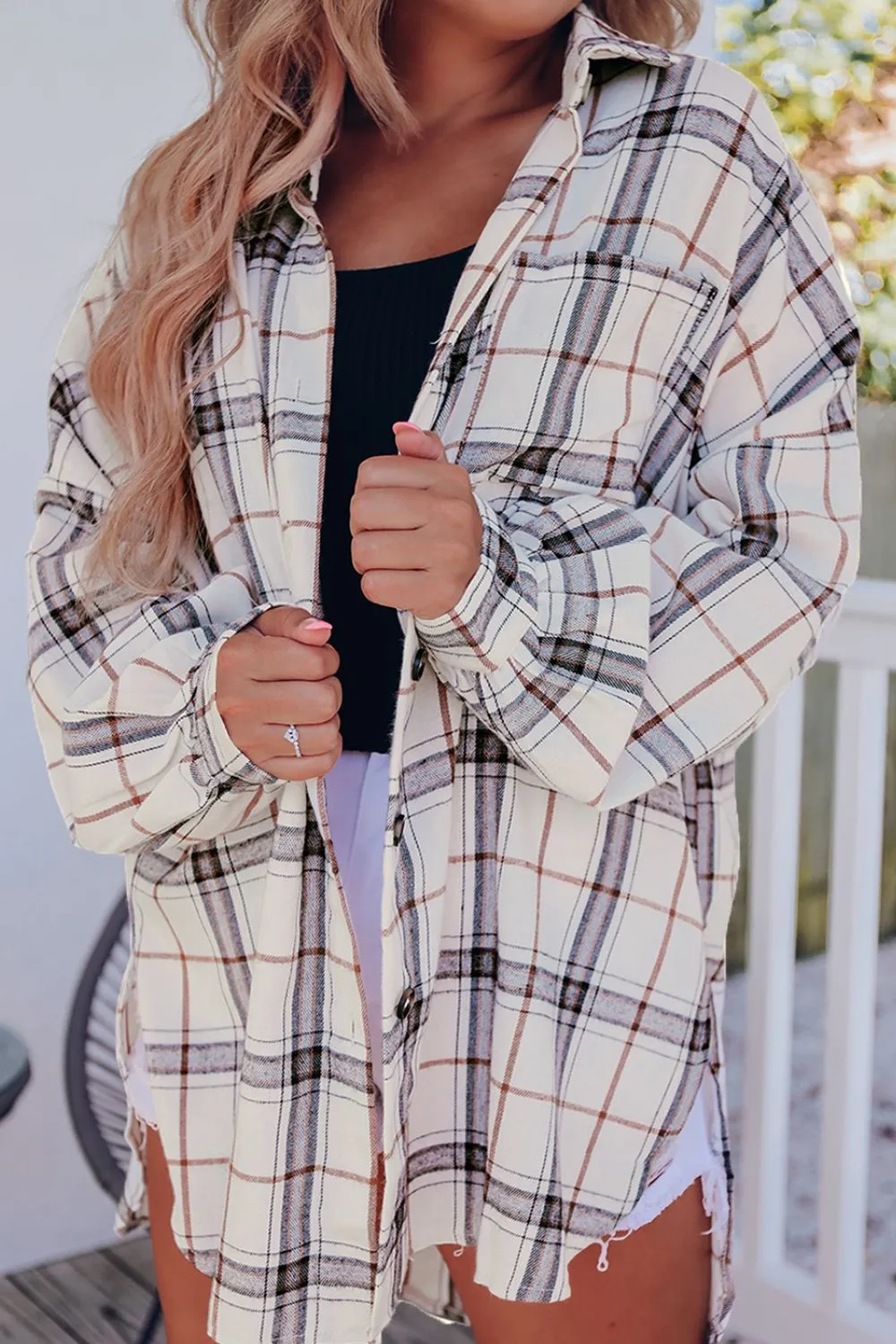 Plaid Button Up Long Sleeve Shacket sold by Charming Charlie