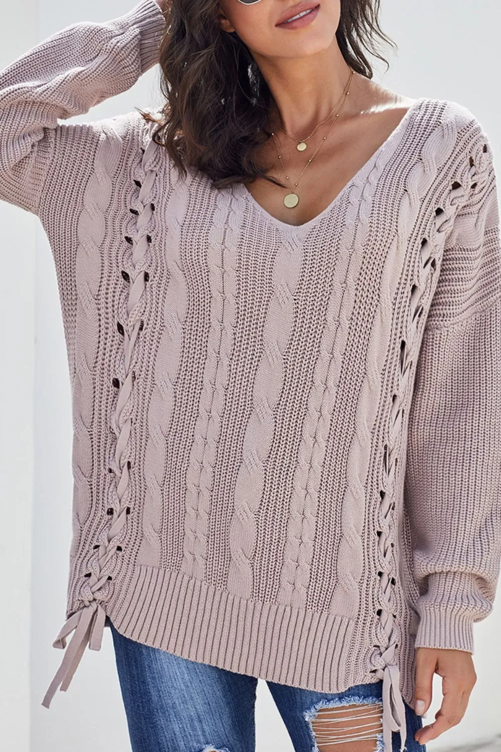 Cable Knit Lace Up V-Neck Sweater sold by Charming Charlie