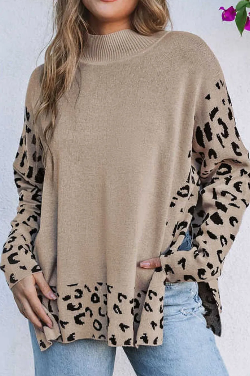 Slit Leopard Mock Neck Dropped Shoulder Sweater sold by Charming Charlie
