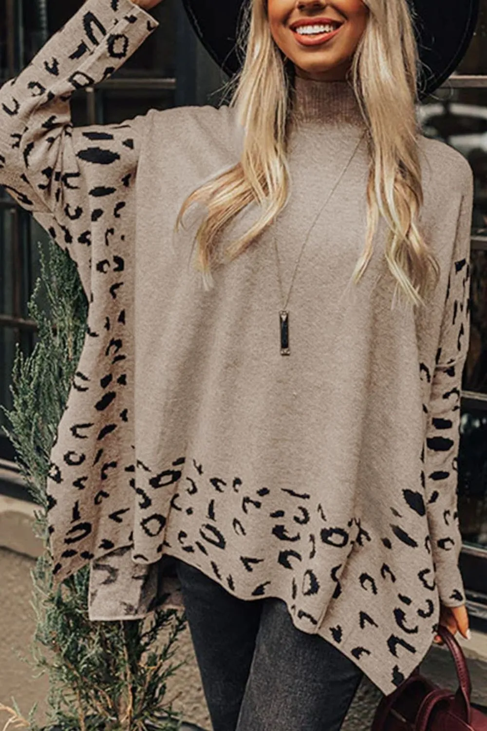 Slit Leopard Mock Neck Dropped Shoulder Sweater sold by Charming Charlie product image thumbnail 2