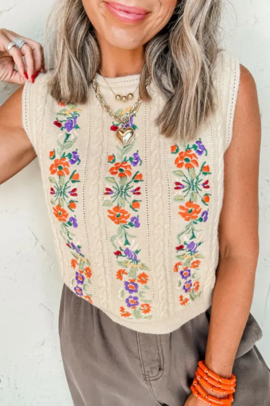 Embroidered Cable-Knit Round Neck Sweater Vest sold by Charming Charlie