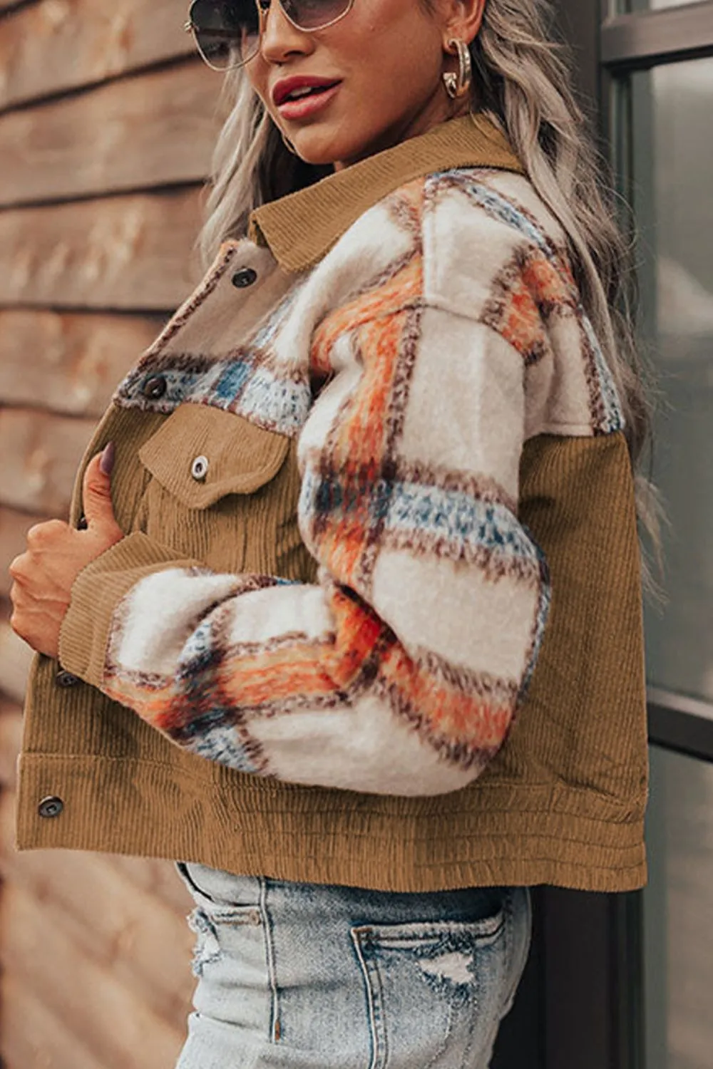 Plaid Corduroy Flap Pockets Button Up Jacket sold by Charming Charlie product image thumbnail 5