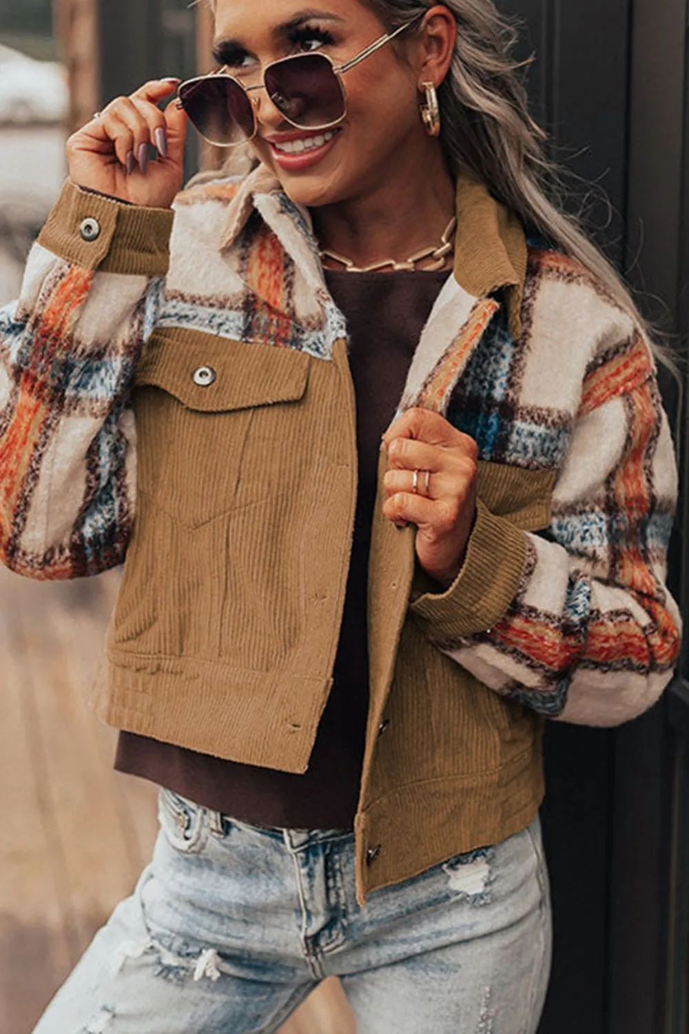 Plaid Corduroy Flap Pockets Button Up Jacket sold by Charming Charlie product image thumbnail 3