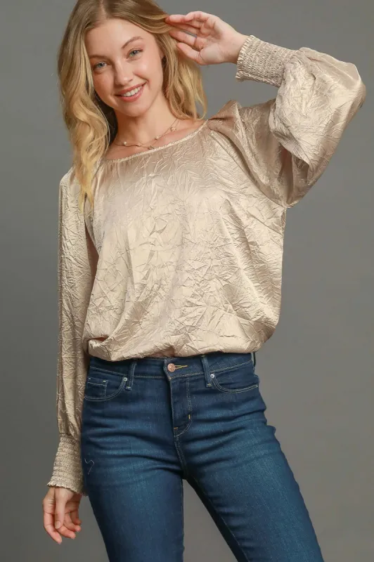 Umgee Wrinkled Round Neck Lantern Sleeve Blouse sold by Charming Charlie