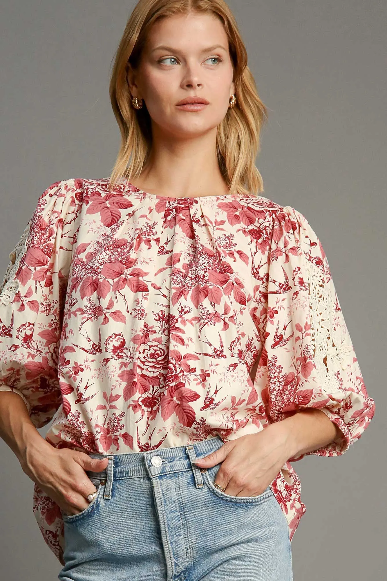 Umgee Floral Pleated Detail Lace Trim Sleeve Blouse sold by Charming Charlie