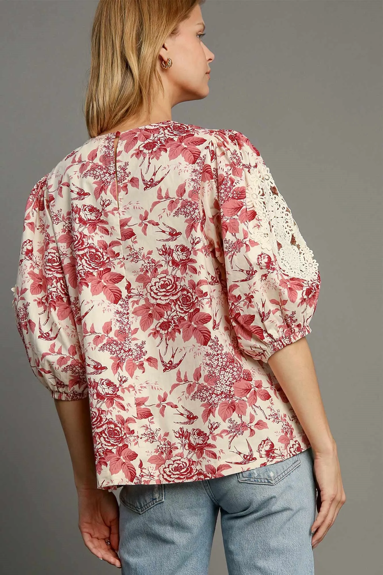 Umgee Floral Pleated Detail Lace Trim Sleeve Blouse sold by Charming Charlie product image thumbnail 2