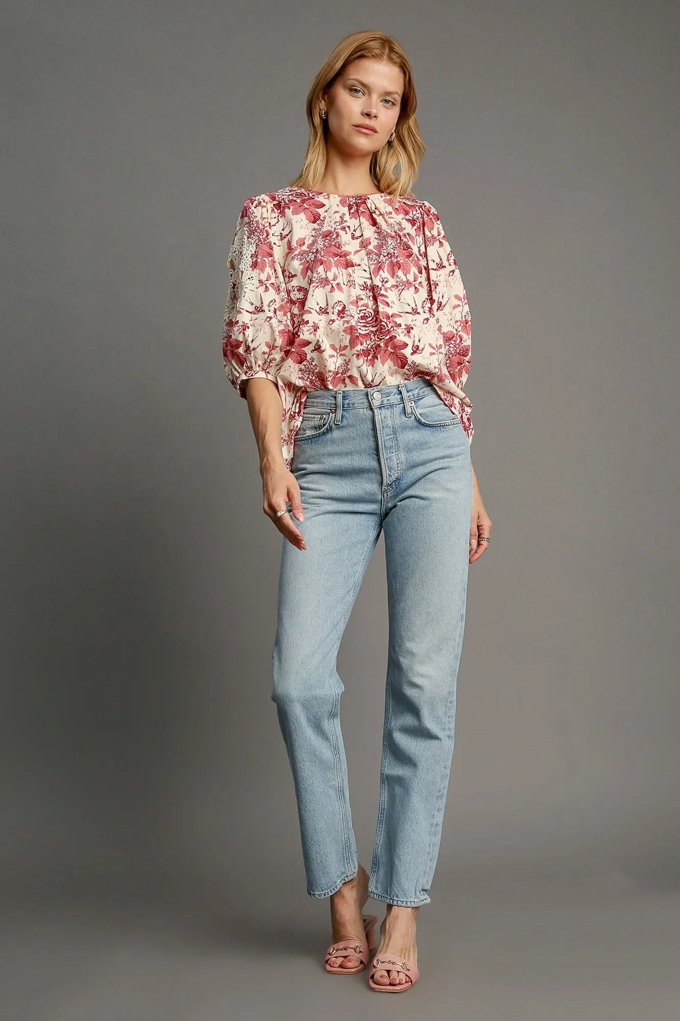Umgee Floral Pleated Detail Lace Trim Sleeve Blouse sold by Charming Charlie product image thumbnail 3