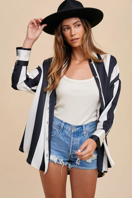 Annie Wear Striped Dropped Shoulder Button Up Shirt sold by Charming Charlie