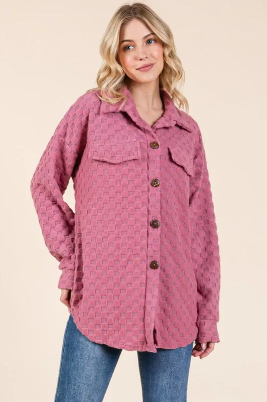 BOMBOM Checkered Button Down Dropped Shoulder Shacket sold by Charming Charlie