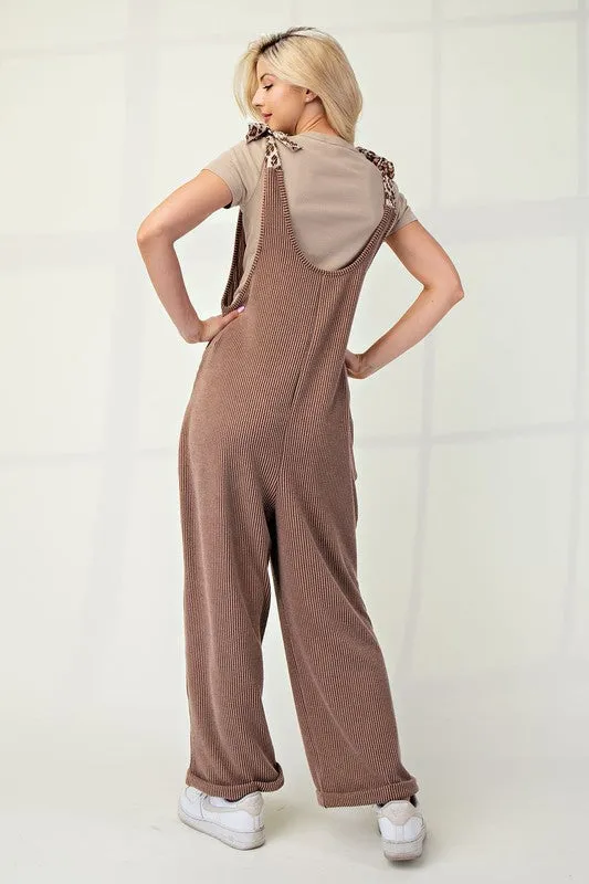 Celeste Full Size Ribbed Leopard Tied Shoulder Overalls sold by Charming Charlie product image thumbnail 2
