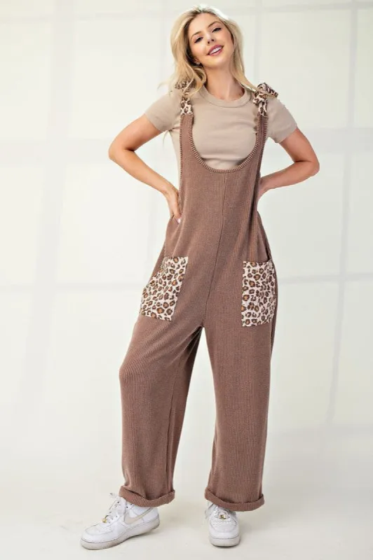 Celeste Full Size Ribbed Leopard Tied Shoulder Overalls sold by Charming Charlie