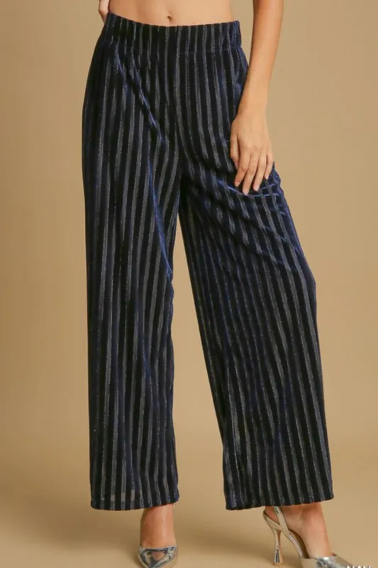 Umgee Full Size Elastic Waist Striped Wide Leg Velvet Pants sold by Charming Charlie