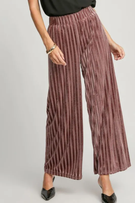 Umgee Full Size Elastic Waist Striped Wide Leg Velvet Pants sold by Charming Charlie