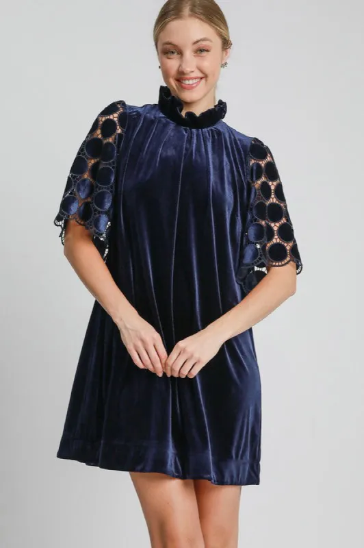 Umgee Dotted Lace Half Sleeve Mock Neck Back Tie Velvet Dress sold by Charming Charlie