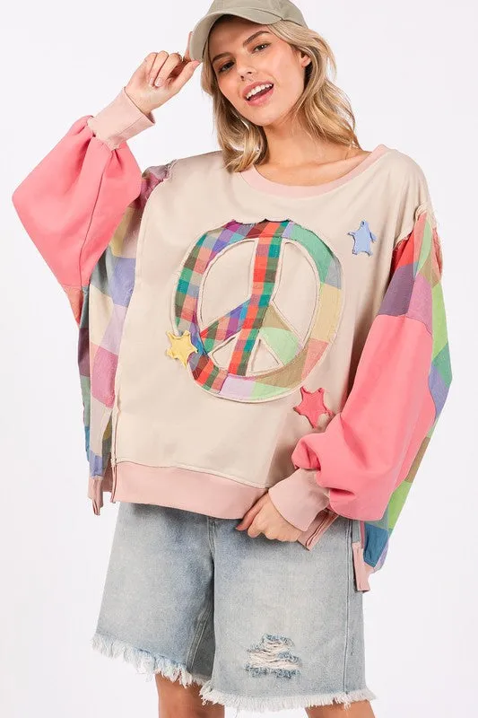 SAGE + FIG Full Size Contrast Peace Patch Dropped Shoulder Sweatshirt sold by Charming Charlie